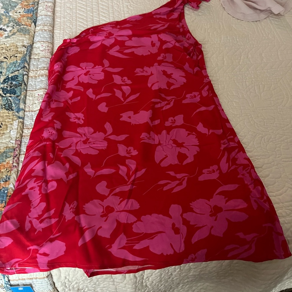 Red and Pink Floral One-Shoulder Dress